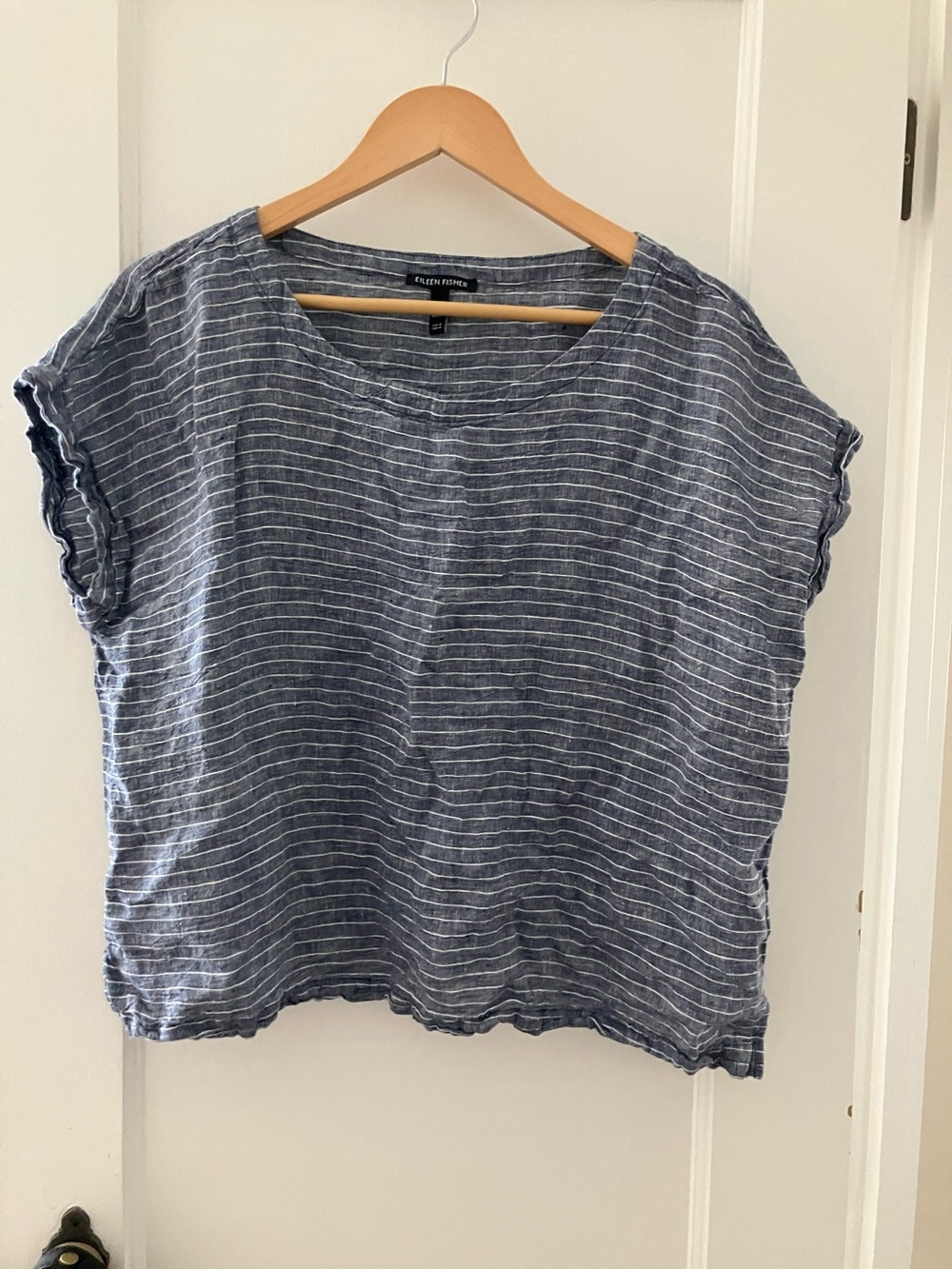 Eileen Fisher Navy and White Striped Linen Short-Sleeve Tee
